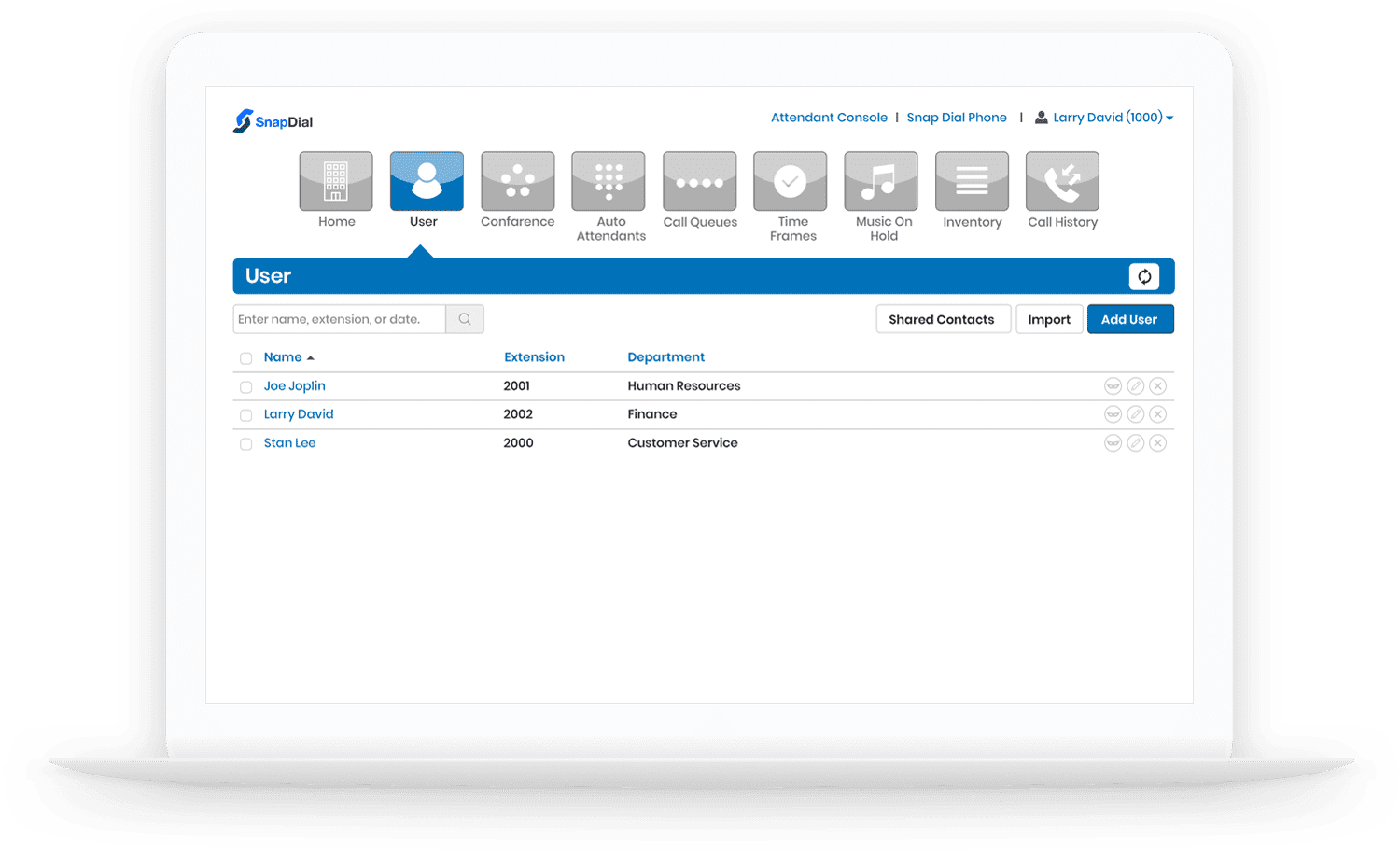 A computer screen displays a user management page for a phone system, showing three users—Joe Applin, Larry Dowd, and Stan Lee—with their departments and extensions listed in a table.