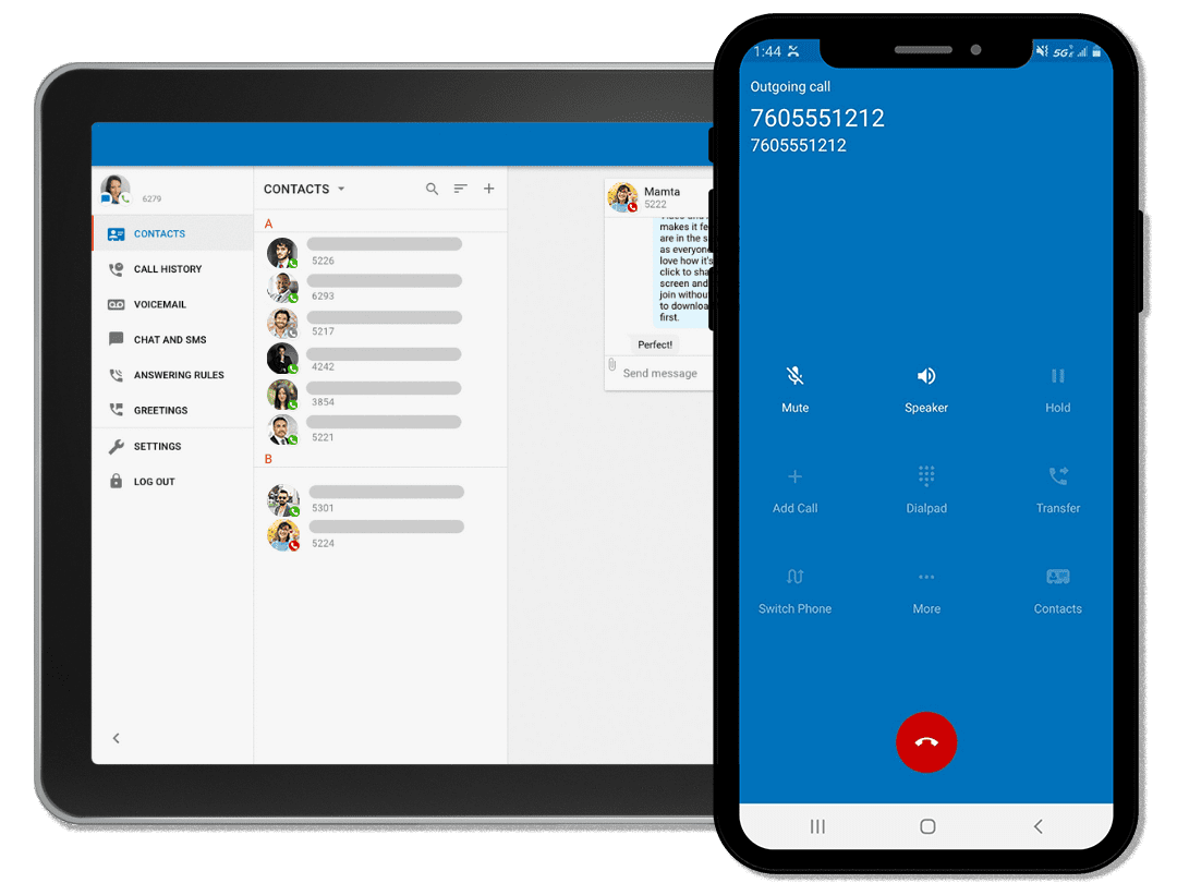 A tablet displaying a contacts and chat interface sits next to a smartphone showing an outgoing call screen with a blue background and call options. Both devices have white backgrounds.