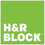 The H&R Block logo features bold white text on a bright green square background, with H&R BLOCK in all capital letters stacked in two lines, resembling the clarity and reliability of a Hosted VoIP Phone System.