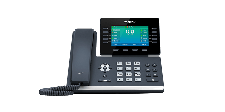 A modern Yealink T46S business VoIP desk phone with a corded handset, large color display showing a digital interface, and numerous buttons for dialing and navigation, placed on a white background.