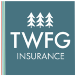 TWFG Insurance logo featuring three white pine trees above bold letters TWFG and the word INSURANCE below, all on a blue square background with thin colored stripes on the left edge—ideal for companies like Hosted VoIP Providers seeking standout branding.