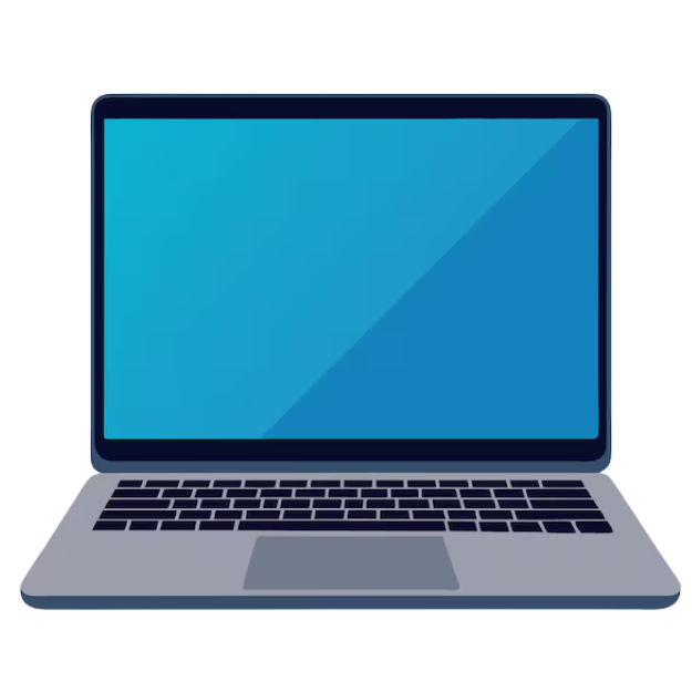 Illustration of a laptop with a blue screen, black keyboard, and grey touchpad, viewed from the front against a light background.