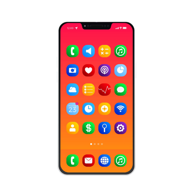 A smartphone with a bright gradient background displays colorful app icons arranged in rows, including phone, message, camera, heart, calendar, clock, dollar sign, music, and settings icons.
