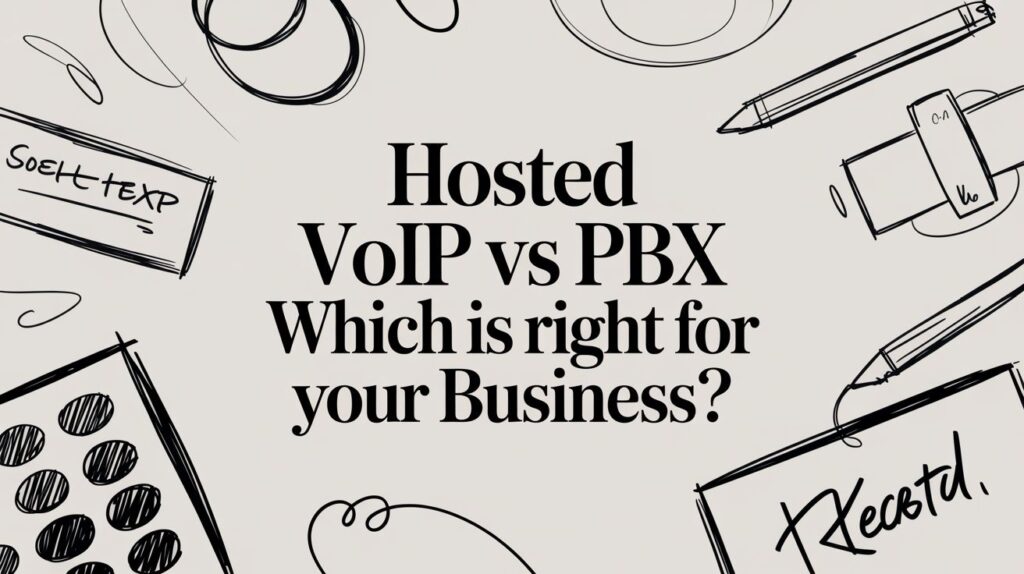 Text reading Hosted VoIP vs PBX: Which is right for your Business? is centered, surrounded by doodles of office items like a pen, calculator, and notepad.