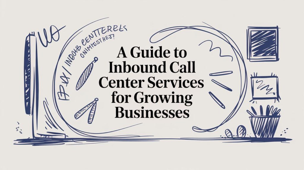 A sketched illustration with the text “A Guide to Inbound Call Center Services for Growing Businesses,” surrounded by doodles of a phone, sound waves, and an office plant.