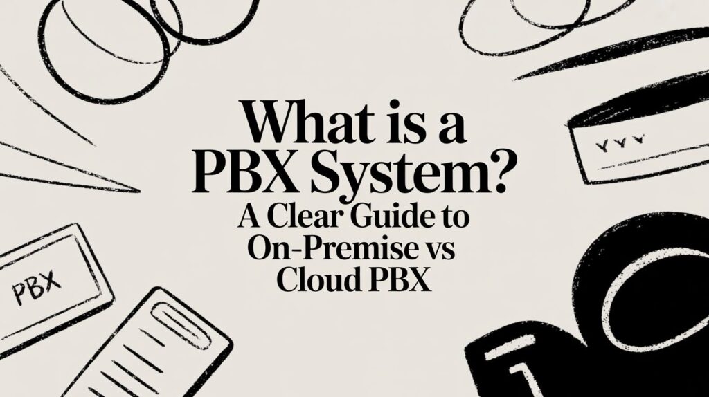 Text reads, What is a PBX System? A Clear Guide to On-Premise vs Cloud PBX. The background features abstract black-and-white drawings of PBX devices, networks, and a telephone keypad.