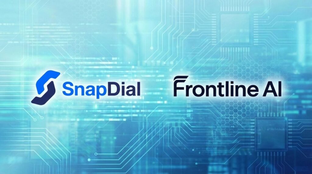 Logos for SnapDial and Frontline AI on a blue digital background with circuit patterns and glowing technology elements, highlighting Enterprise AI Calling and advanced calling security.