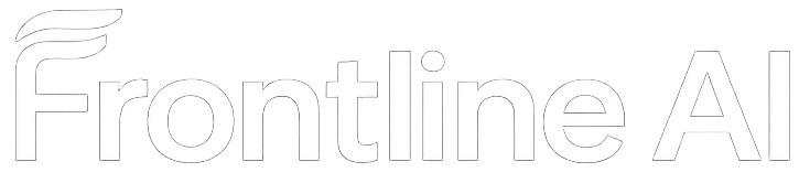 The words Frontline AI are written in a clean, modern font on a plain, light background. The letter F has a subtle design element resembling a small feather or wing.