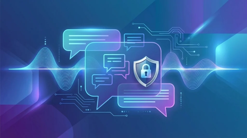 Digital illustration of glowing speech bubbles with a shield and padlock icon, representing AI Calling Security and secure communication by enterprise voice agents, set against a blue and purple abstract technology background.