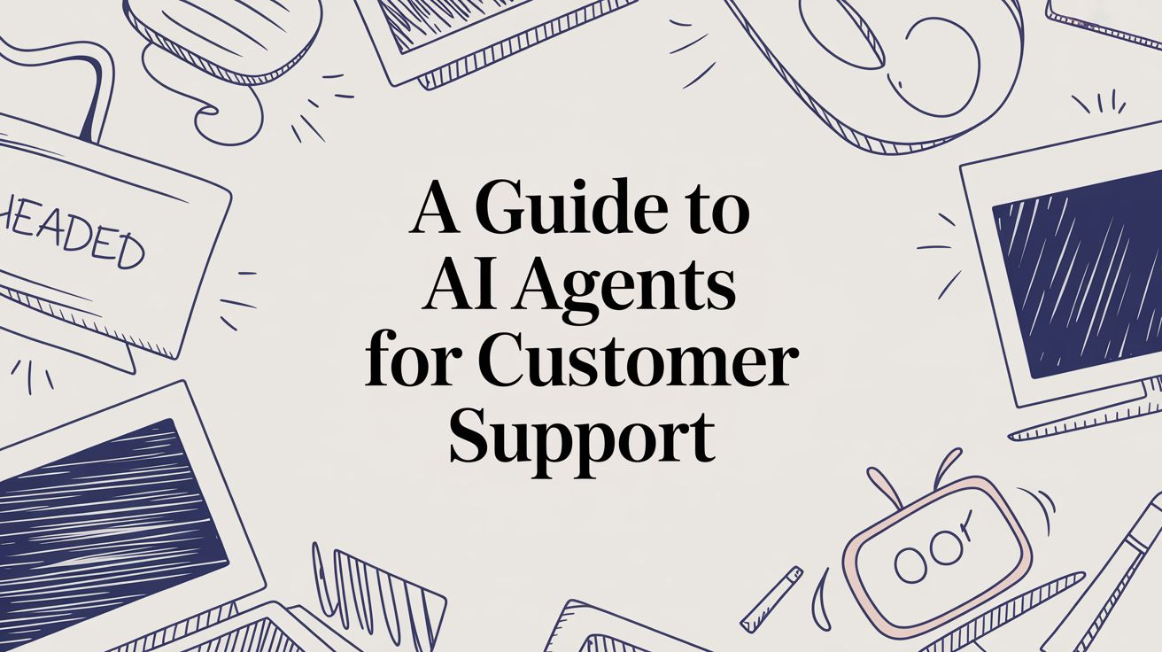 Hand-drawn illustrations of laptops, keyboards, and office supplies surround bold text that reads, A Guide to AI Agents for Customer Support on a light background.