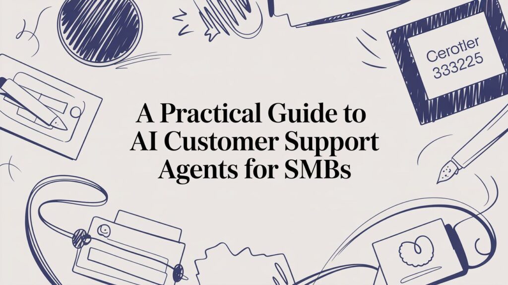 A graphic with hand-drawn office supplies surrounds the text: A Practical Guide to AI Customer Support Agents for SMBs. An ID card labeled Cerottler 333225 appears in the upper right corner.