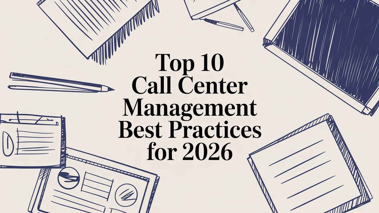 Illustration of office supplies like notebooks, pencils, and papers surrounding bold text that reads, Top 10 Call Center Management Best Practices for 2026 on a light background.