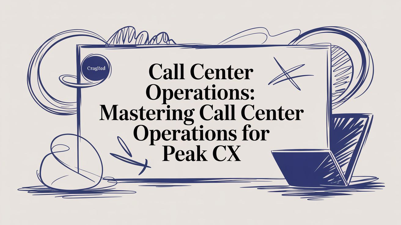 A graphic with abstract blue line art framing a box that reads: “Call Center Operations: Mastering Call Center Operations for Peak CX.” A small logo in the corner says Craiglqd.