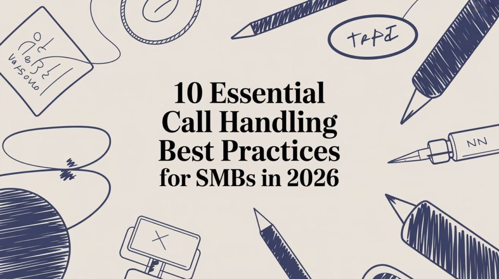 A graphic with hand-drawn office items, such as a pen, notepad, and tablet, surrounding the text: “10 Essential Call Handling Best Practices for SMBs in 2026.”.