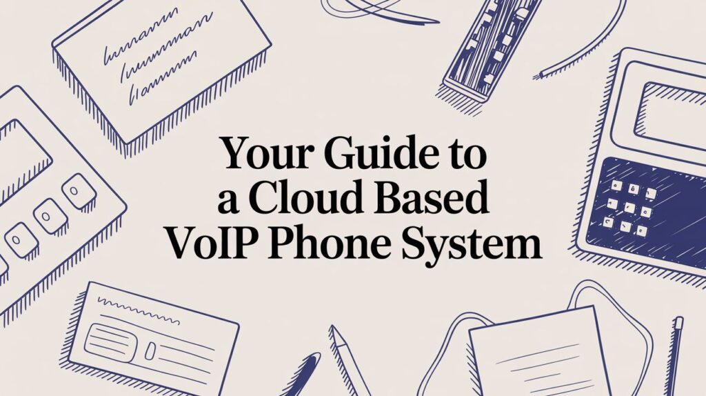 Text reads Your Guide to a Cloud Based VoIP Phone System surrounded by hand-drawn office items like a calculator, notepad, phone, and pen on a beige background.