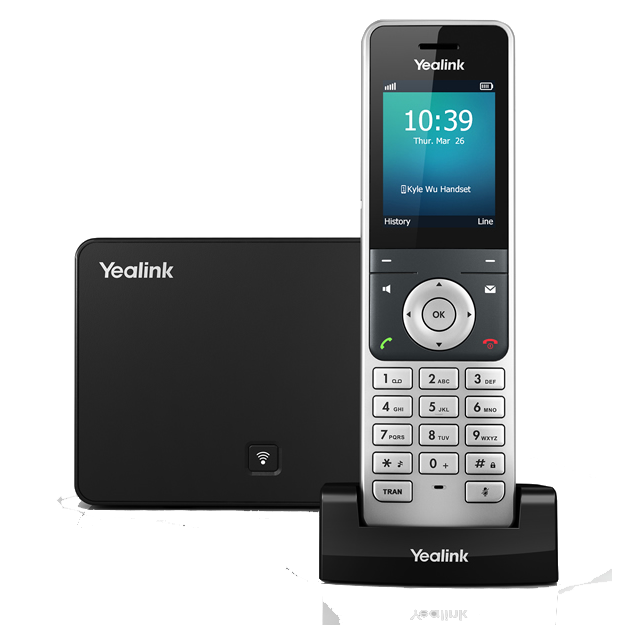 A Yealink cordless phone with a color display showing the time and date, resting in its charging dock. Next to it is a matching black Yealink base station, both on a white background.