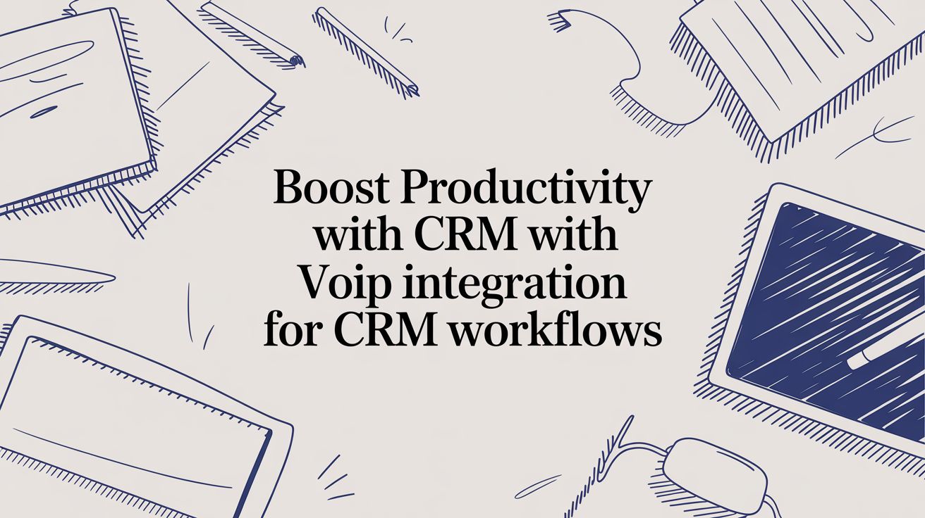 Hand-drawn style illustration of office items like a laptop, mouse, and papers surrounding the text Boost Productivity with CRM with Voip integration for CRM workflows.