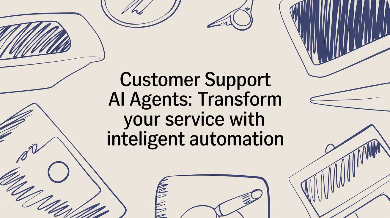Text in the center reads, Customer Support AI Agents: Transform your service with intelligent automation. Surrounding are blue line drawings of office items like a tablet, notebook, and pen on a beige background.