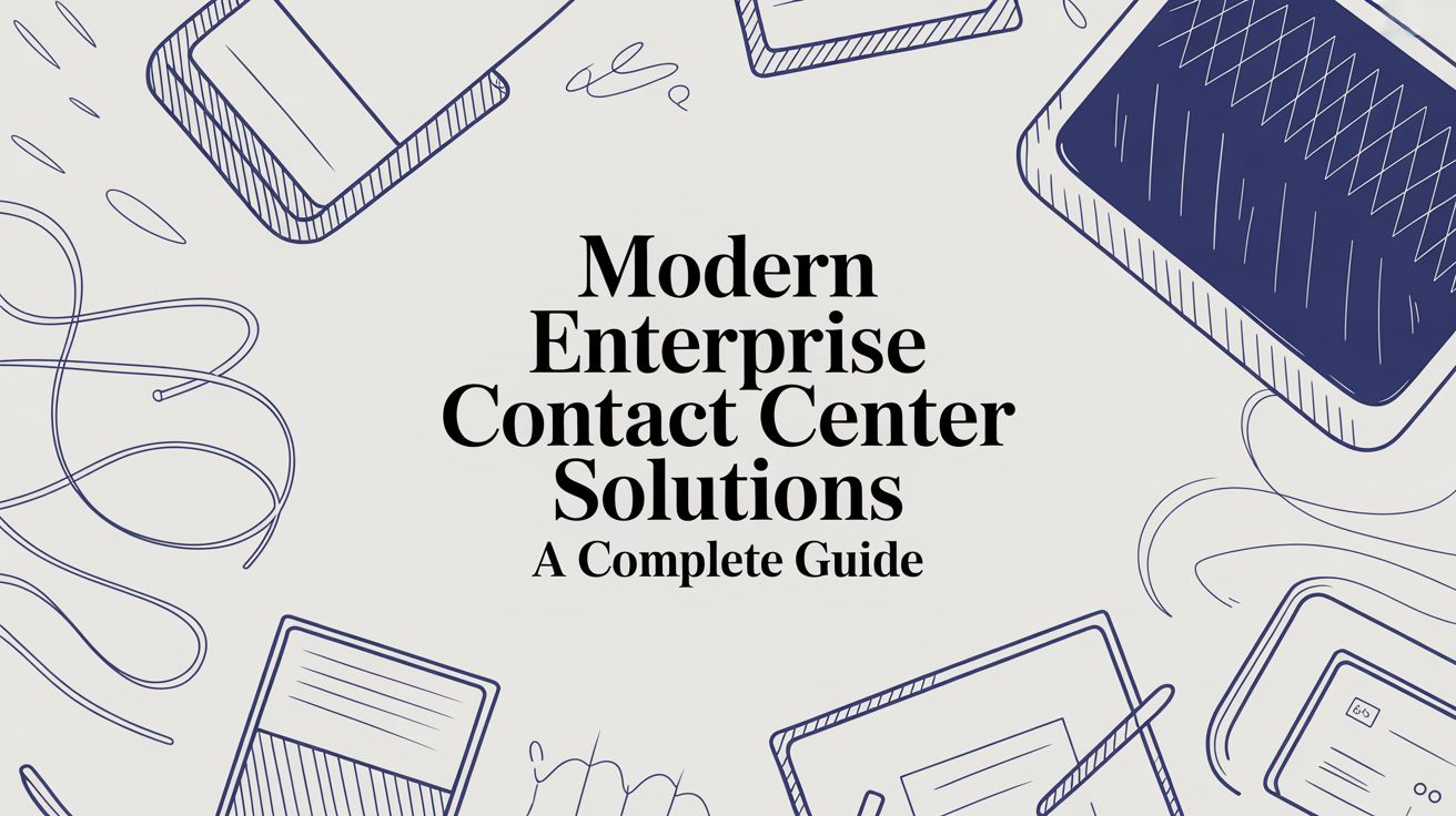 Illustrated laptops, tablets, and phones frame the text Modern Enterprise Contact Center Solutions: A Complete Guide on a light background.