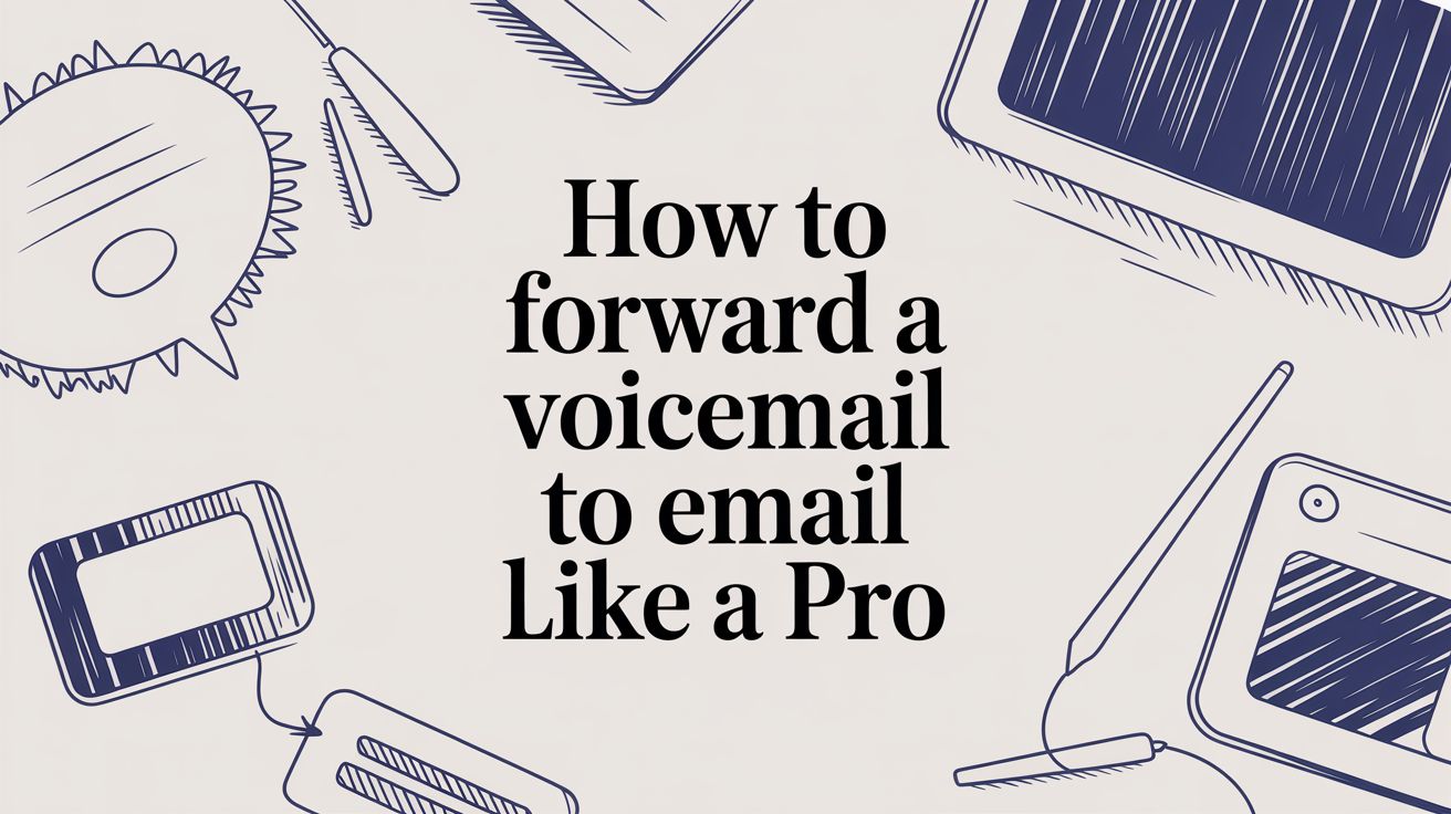 Text in the center reads, How to forward a voicemail to email like a pro, surrounded by sketched electronic devices and communication icons on a light background.