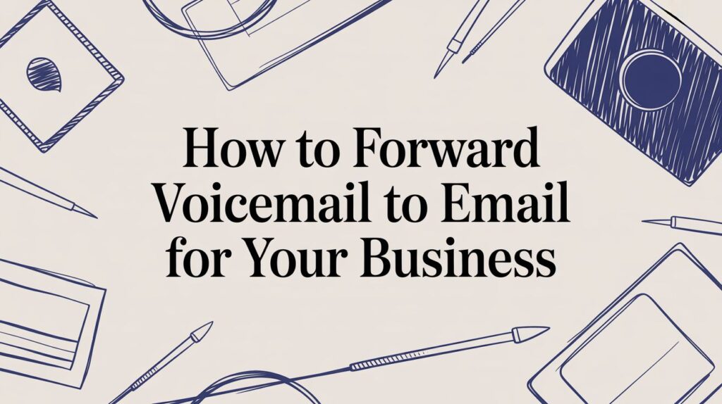 The image features the text How to Forward Voicemail to Email for Your Business centered, with hand-drawn illustrations of office supplies like pens, a notebook, and a tablet around the edges.