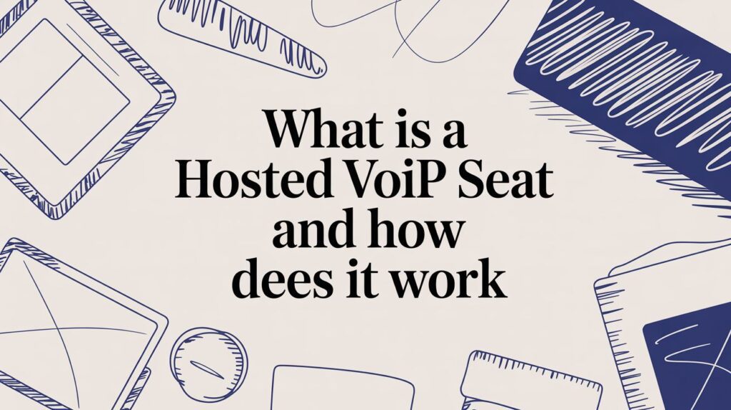 Text that reads What is a Hosted VoIP Seat and how does it work appears centered on a light background with blue, hand-drawn office supply illustrations in the corners.