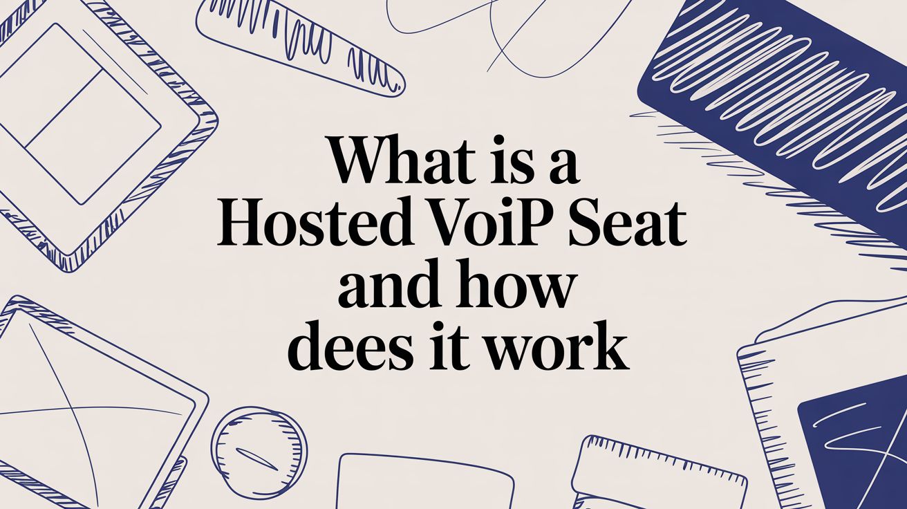 Text that reads What is a Hosted VoIP Seat and how does it work appears centered on a light background with blue, hand-drawn office supply illustrations in the corners.