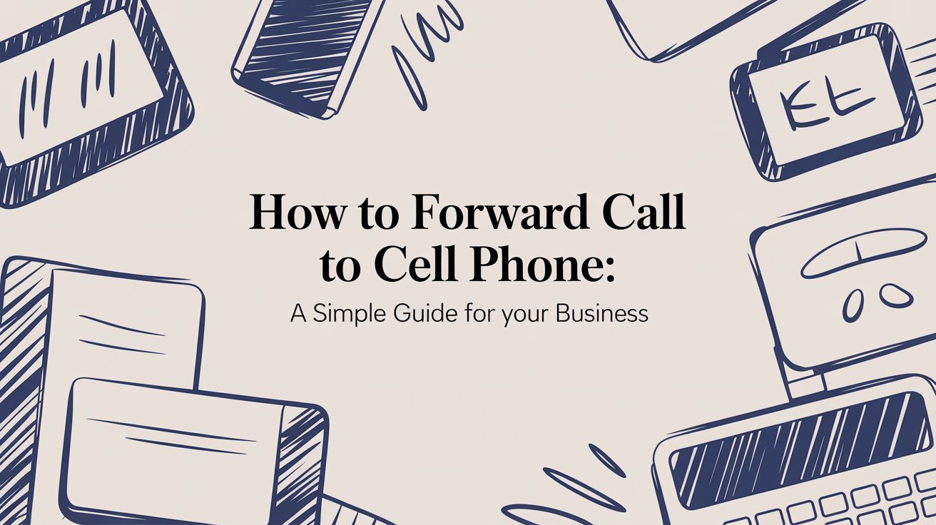 Illustrated banner with phones and notepads surrounding the text How to Forward Call to Cell Phone: A Simple Guide for your Business.