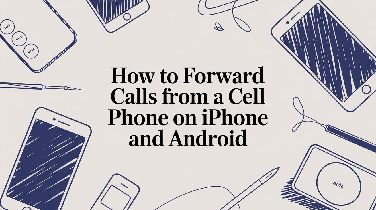 Illustration of smartphones, pens, and earphones surrounding the text How to Forward Calls from a Cell Phone on iPhone and Android on a light background.