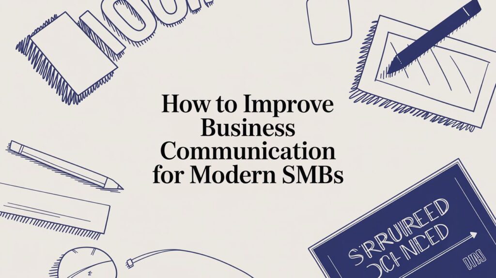 Illustrated business items surround the text “How to Improve Business Communication for Modern SMBs” on a cream background. Items include a notebook, pencil, paper, clipboard, and planner.