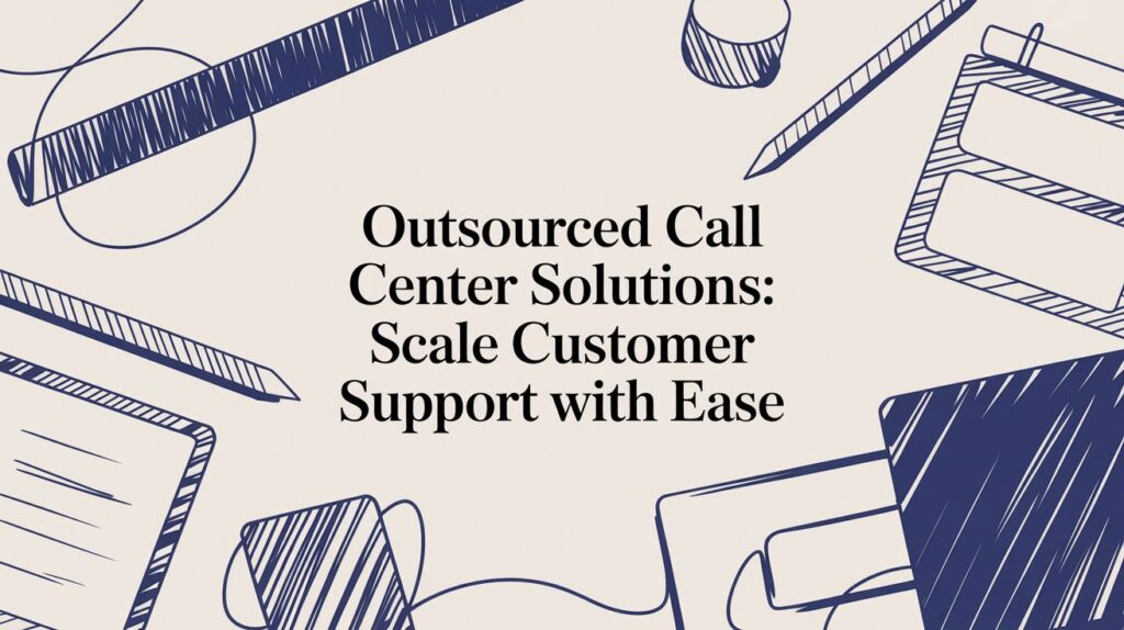 Text in the center reads “Outsourced Call Center Solutions: Scale Customer Support with Ease,” surrounded by blue doodles of office supplies like pens, paper, notepads, and a highlighter on a beige background.