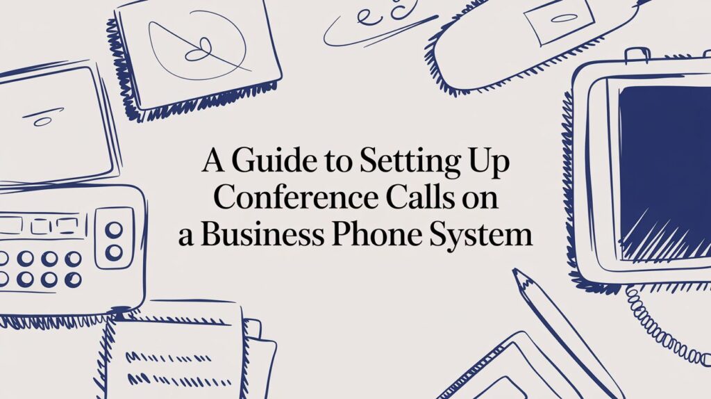 Illustrated office items like phones, notepads, and paper surround the text A Guide to Setting Up Conference Calls on a Business Phone System on a light background.