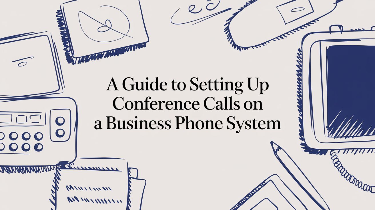 Illustrated office items like phones, notepads, and paper surround the text A Guide to Setting Up Conference Calls on a Business Phone System on a light background.