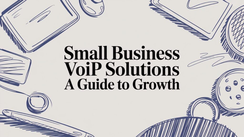 Text reads Small Business VoIP Solutions: A Guide to Growth in bold font, surrounded by blue sketch-style drawings of tech devices like tablets, phones, and keyboards on a light background.