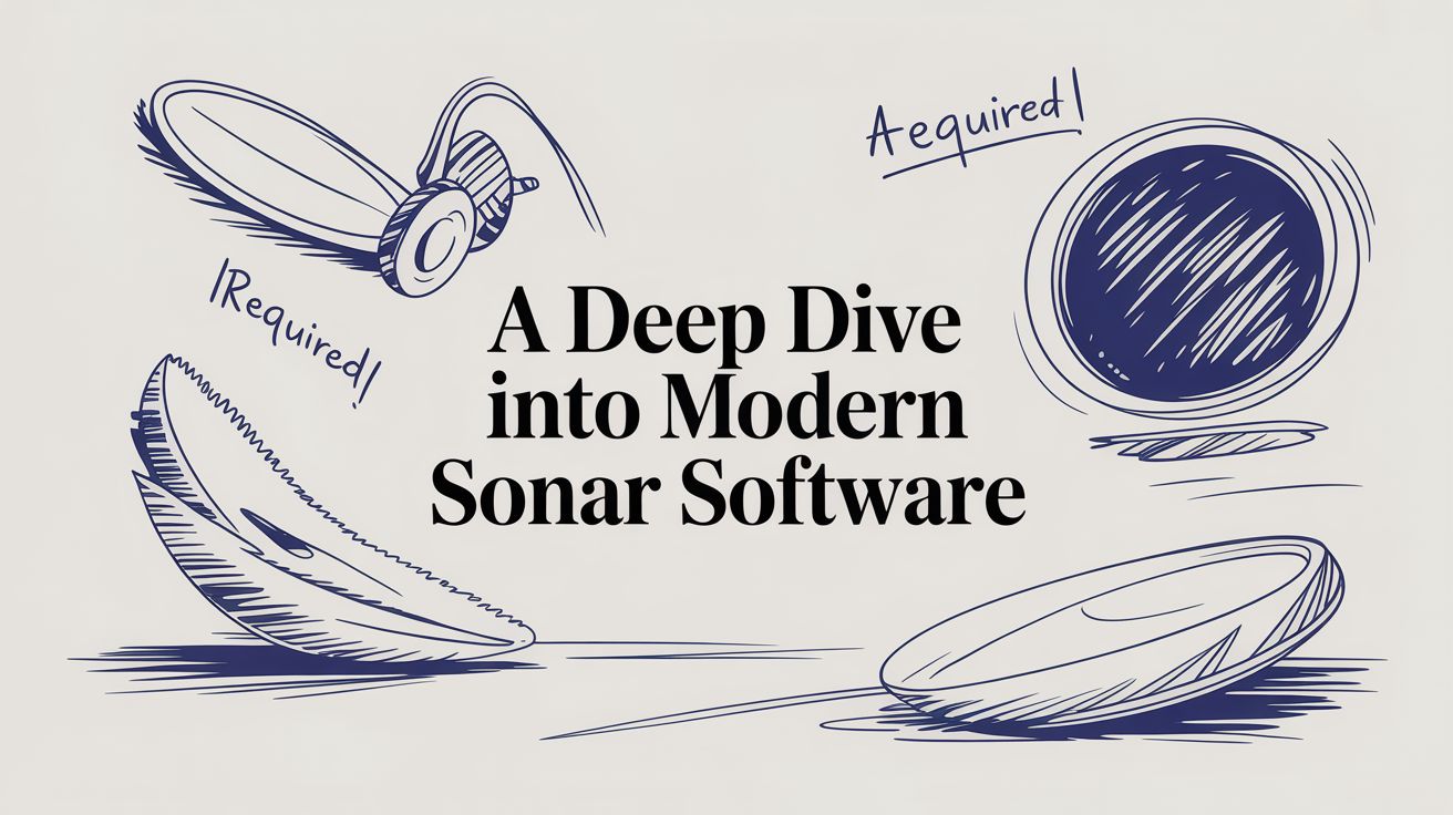 A sketch-style illustration of sonar devices and sonar signals surrounds the text “A Deep Dive into Modern Sonar Software.” Some devices are labeled “Required” or “A required.”.
