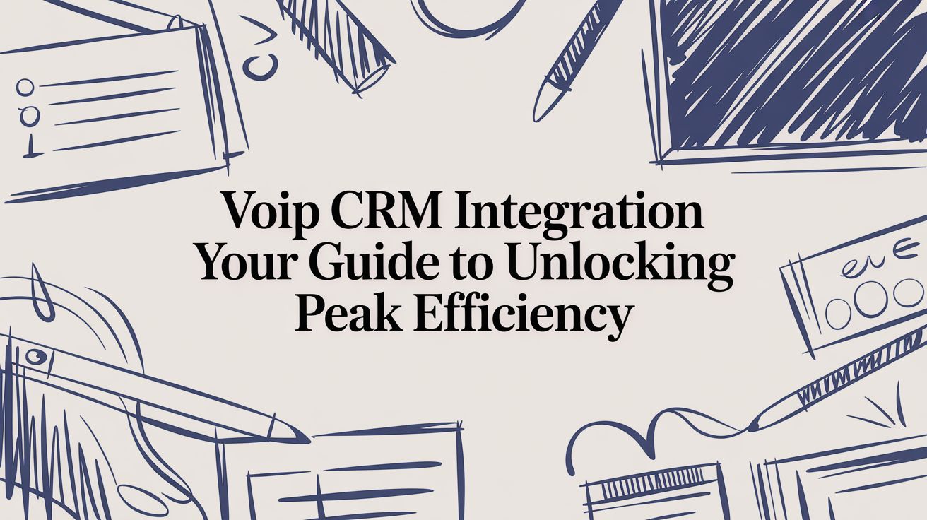 Text reads Voip CRM Integration Your Guide to Unlocking Peak Efficiency in bold black font, surrounded by blue sketch-style drawings of office supplies like pens, paper, and notebooks on a beige background.