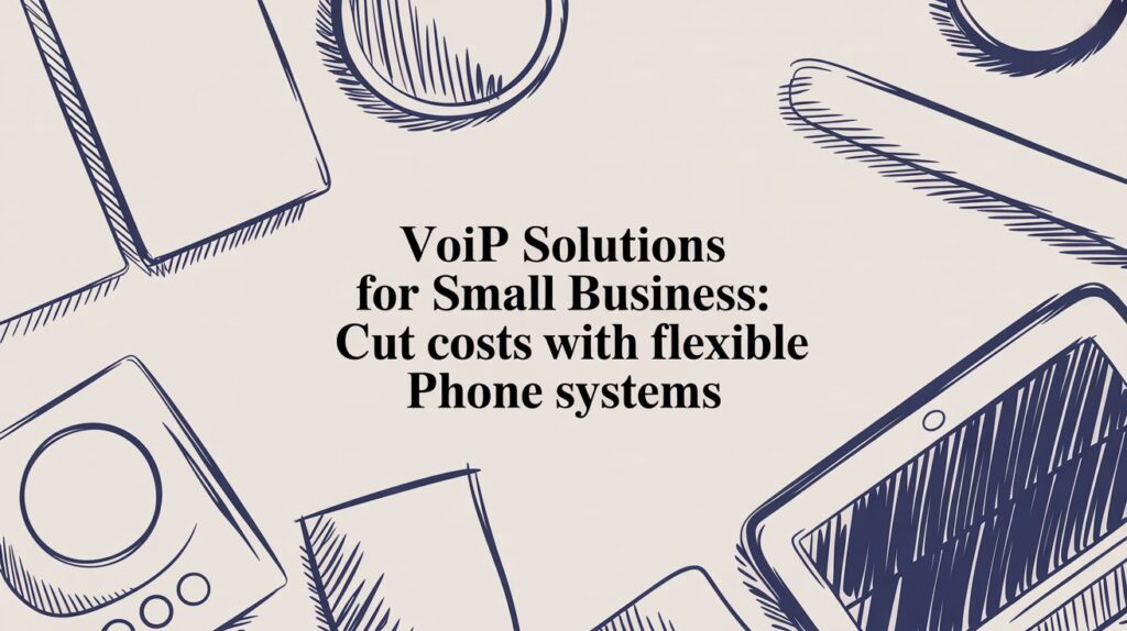 Illustration of various phone and tech devices with the text: “VoIP Solutions for Small Business: Cut costs with flexible Phone systems” in the center.