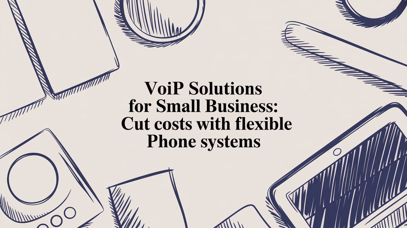 Illustration of various phone and tech devices with the text: “VoIP Solutions for Small Business: Cut costs with flexible Phone systems” in the center.