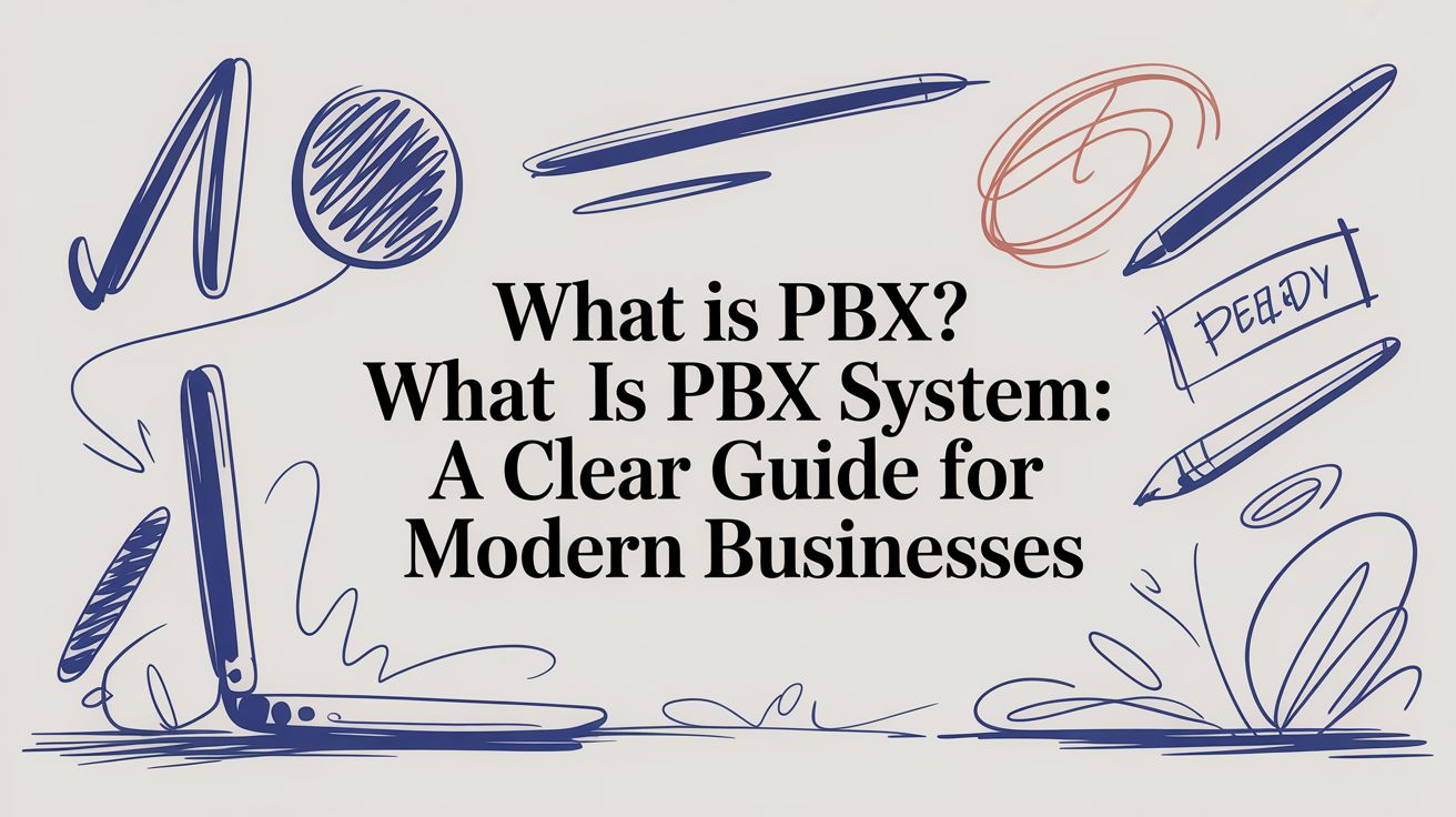 Illustration of a laptop, pens, and abstract shapes with the text: What is PBX? What is PBX System: A Clear Guide for Modern Businesses.