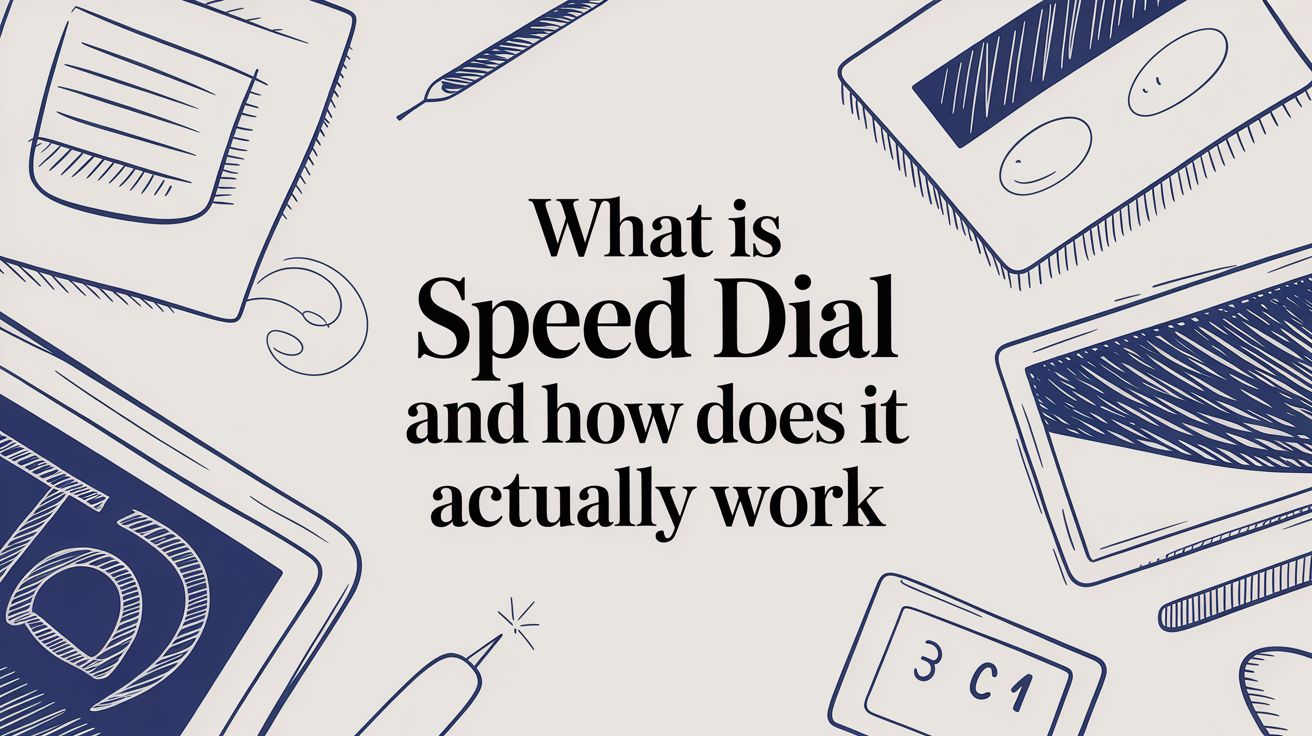 Text reads: What is Speed Dial and how does it actually work in bold black font, surrounded by doodles of gadgets, a pen, and paper on a cream background.