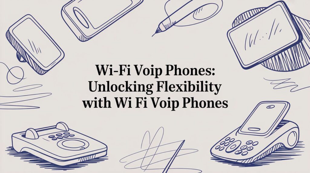 Hand-drawn illustrations of various phones surround the text “Wi-Fi Voip Phones: Unlocking Flexibility with Wi Fi Voip Phones” on a light background.