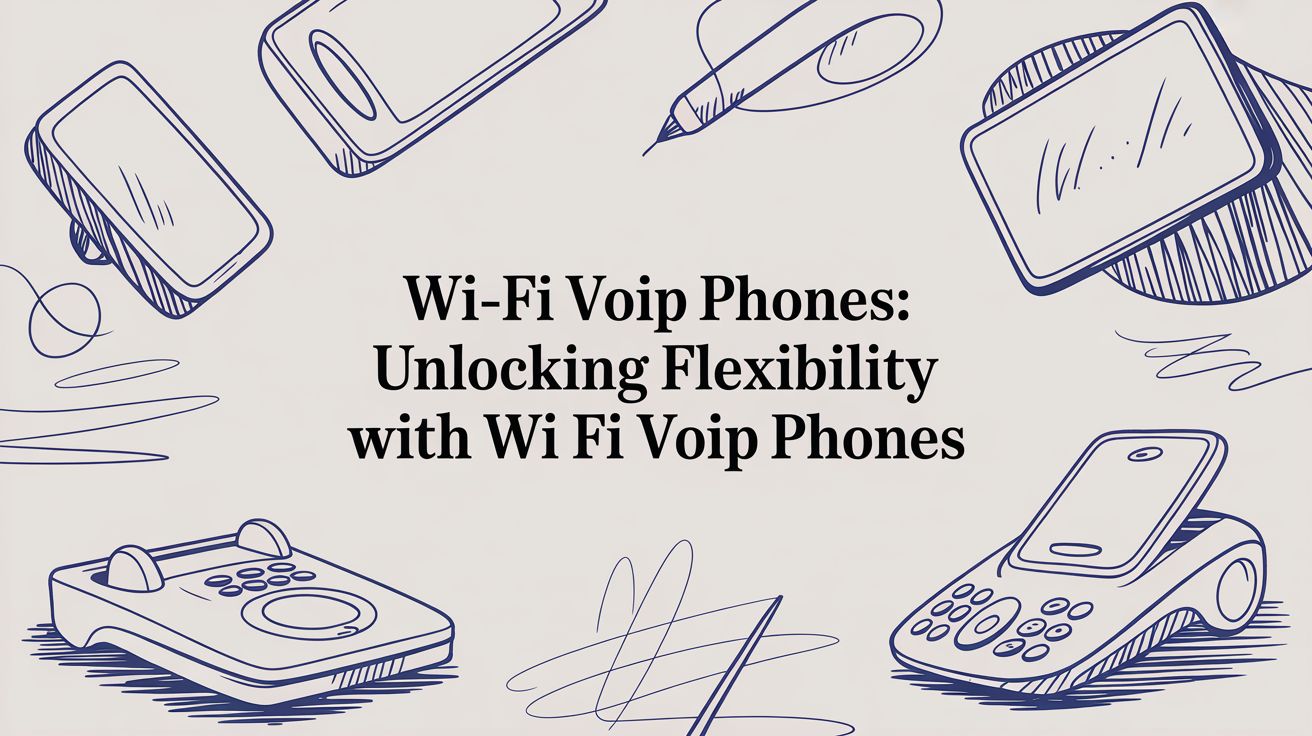 Hand-drawn illustrations of various phones surround the text “Wi-Fi Voip Phones: Unlocking Flexibility with Wi Fi Voip Phones” on a light background.