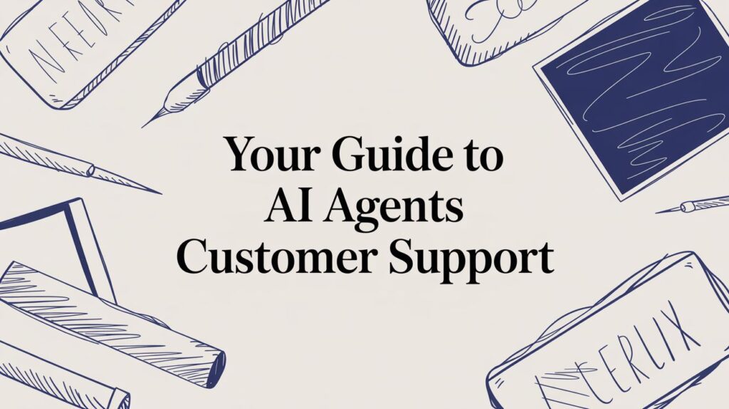 Text reads Your Guide to AI Agents Customer Support surrounded by hand-drawn blue outlines of stationery items like pens, notebooks, and erasers on a light background.