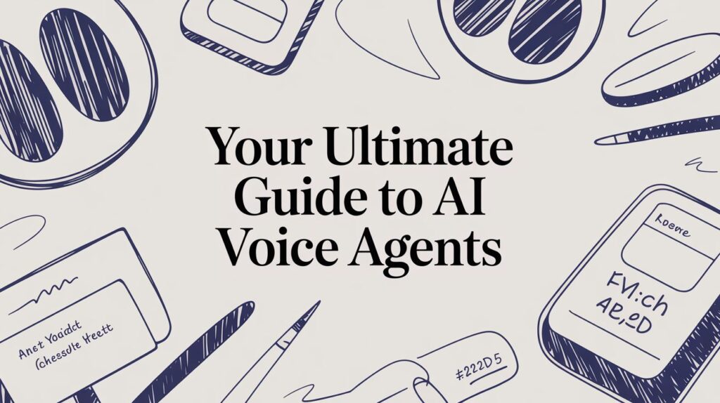 The image features the text Your Ultimate Guide to AI Voice Agents surrounded by hand-drawn sketches of notepads, pens, sticky notes, and abstract shapes on a light background.