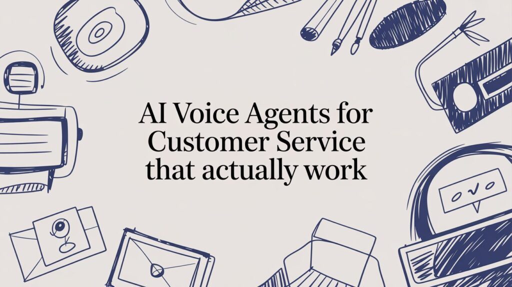 A banner with hand-drawn illustrations of technology and communication tools surrounds the text: “AI Voice Agents for Customer Service that actually work.”.