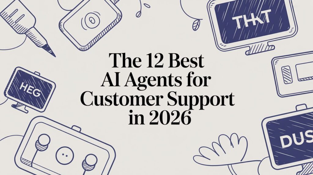 A graphic with hand-drawn icons of monitors and electronics frames the text: The 12 Best AI Agents for Customer Support in 2026. Some monitors display the words THAT, HEG, and DUST.