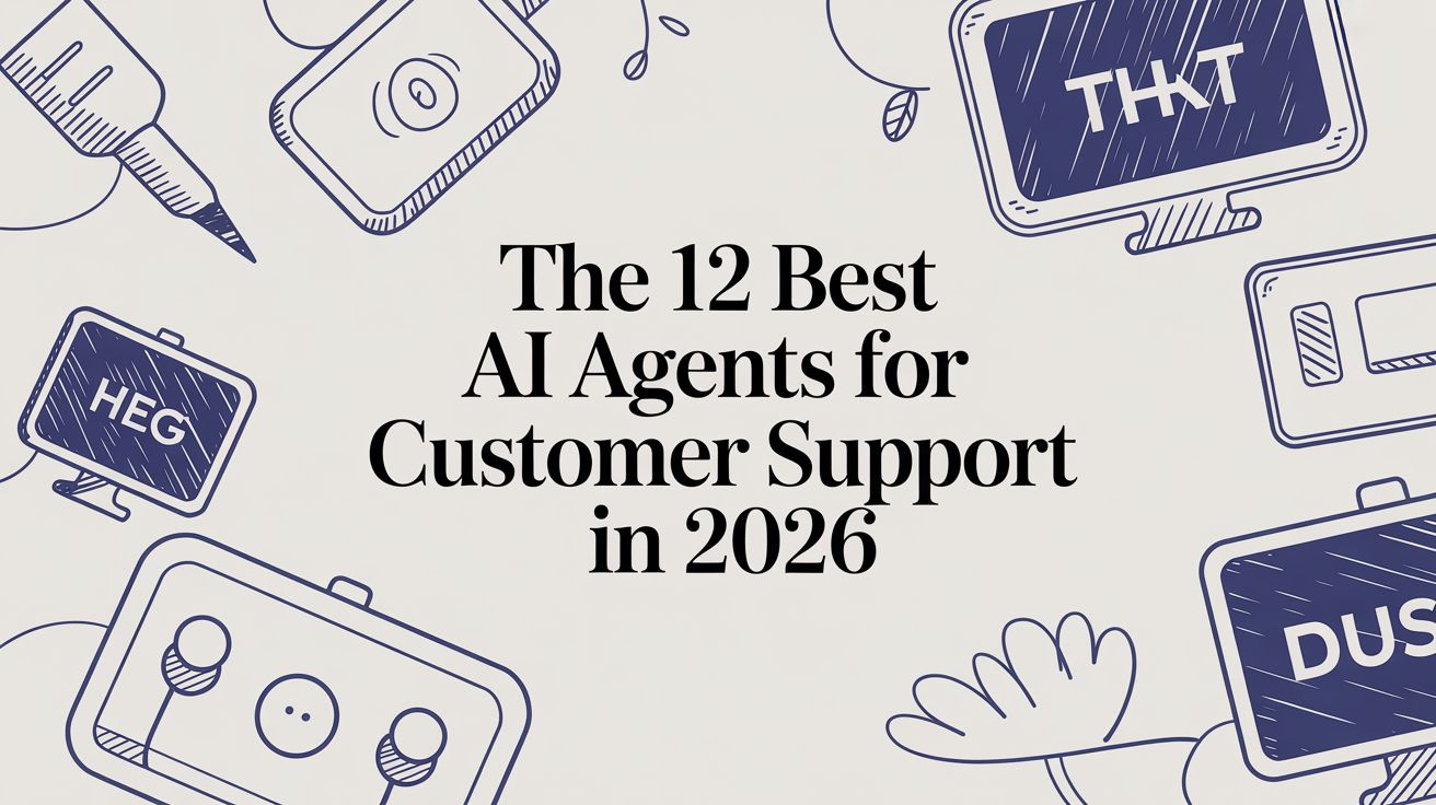 A graphic with hand-drawn icons of monitors and electronics frames the text: The 12 Best AI Agents for Customer Support in 2026. Some monitors display the words THAT, HEG, and DUST.