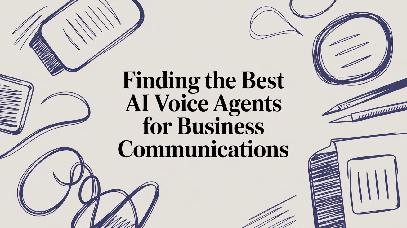 Text that reads Finding the Best AI Voice Agents for Business Communications is centered on a cream background with blue sketches of notebooks, pens, and scribbles around the edges.