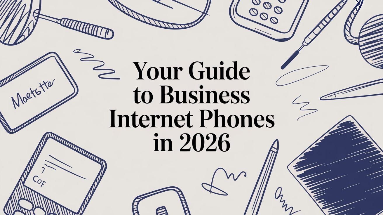Illustrated office supplies surround the text “Your Guide to Business Internet Phones in 2026” on a light background.