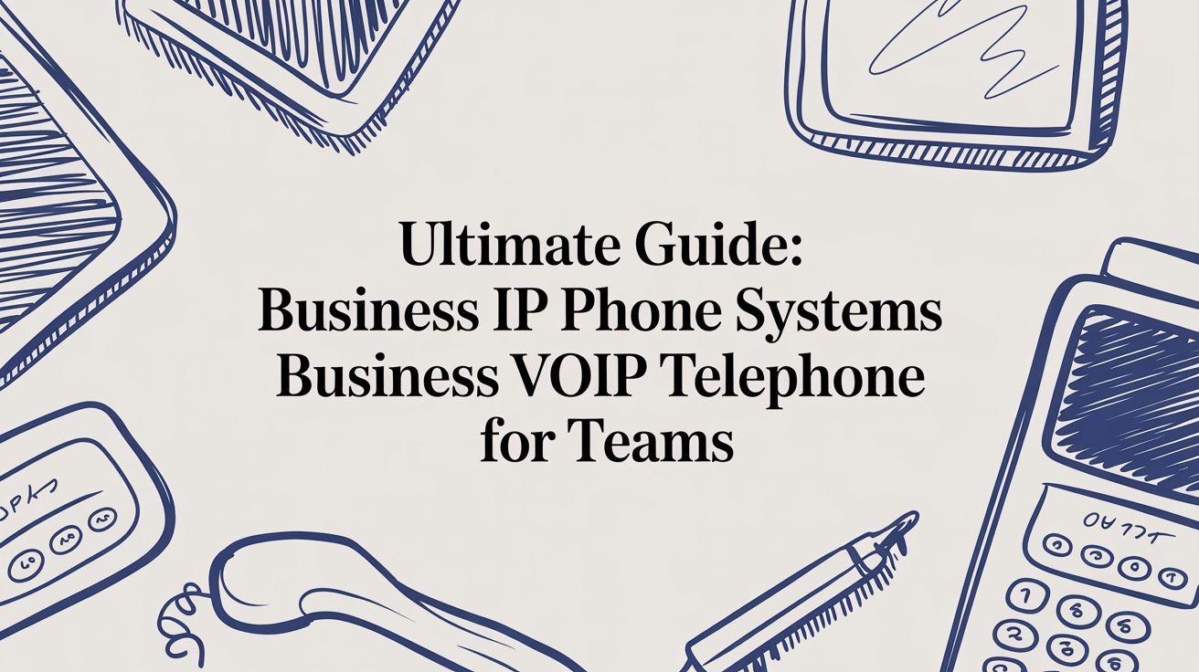 Hand-drawn illustrations of office devices surround the text Ultimate Guide: Business IP Phone Systems, Business VOIP Telephone for Teams on a light background.